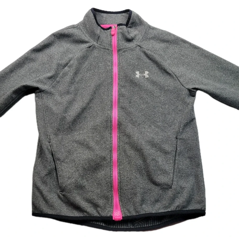 UNDER ARMOUR YLG GREY/PINK ZIP UP JACKET, W/ FRONT POCKETS,  GIRLS MINT!